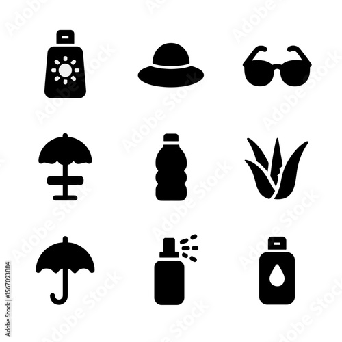 Sun Safety Icons. Solid, filled icon set of sun safety and protection: sunscreen, hat, sunglasses, shade, water bottle, aloe vera,