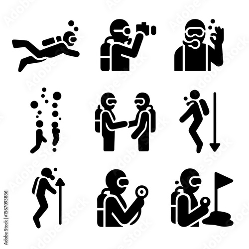 Scuba Diver Icon Set. Solid, filled icon set of Scuba diver activities: diver swimming, underwater photography, signaling, safety