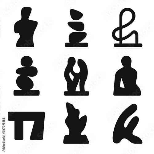 Sculptural Icon Set. Solid, filled icon set of contemporary sculptures: fragmented pieces, floating abstraction, bent wire,