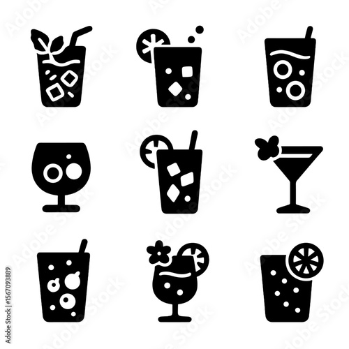 Non-Alcoholic Mocktail Icons. Solid, filled icon set of non-alcoholic mocktails: virgin mojito, sparkling lemonade, cucumber