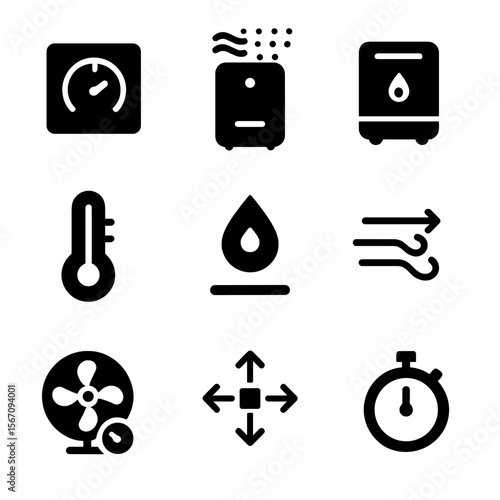 Indoor Control Icons. Solid, filled icons set of indoor environmental control: thermostat, air purifier,