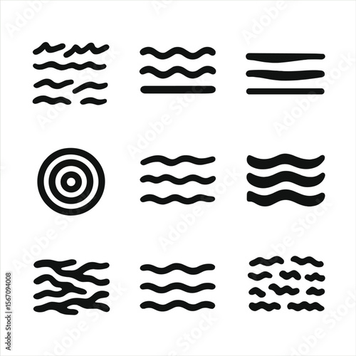 Ocean Pattern Icons. Solid, filled icon set of ocean surface patterns: choppy water, ripple lines, smooth sea, wave rings, small