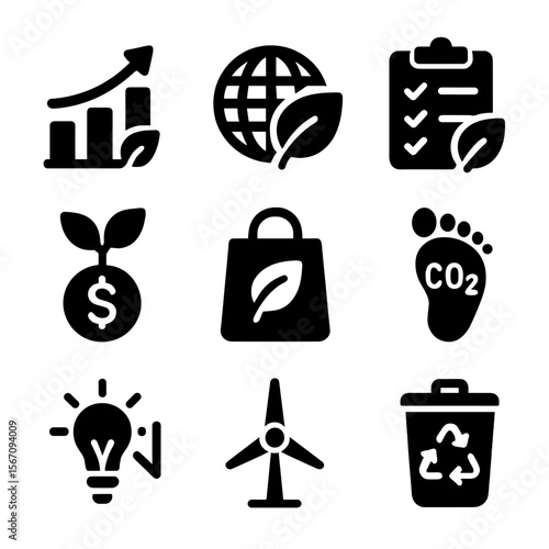 Sustainable Icons Grid. Solid, filled icon set of sustainable business goals: growth chart with leaf, globe with leaf, eco