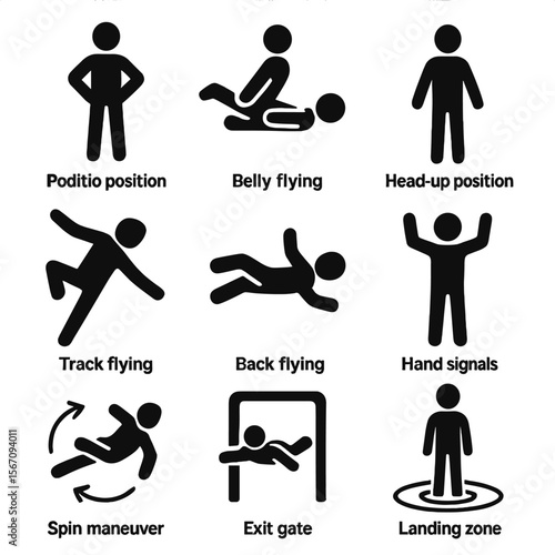 Indoor Flight Techniques Icons. Solid, filled icons set of indoor flight techniques: body position, belly