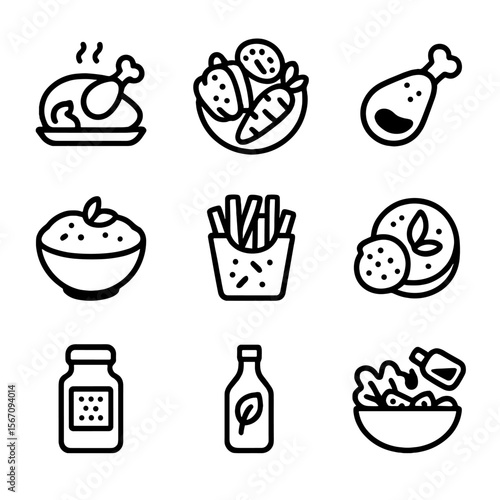 Seasoned Delicacies Icons. Solid, filled icon set of seasoned dishes and ingredients: grilled chicken, roasted vegetables, spiced