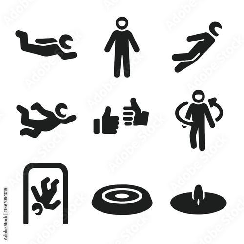 Indoor Flight Techniques Icons. Solid, filled icons set of indoor flight techniques: body position, belly