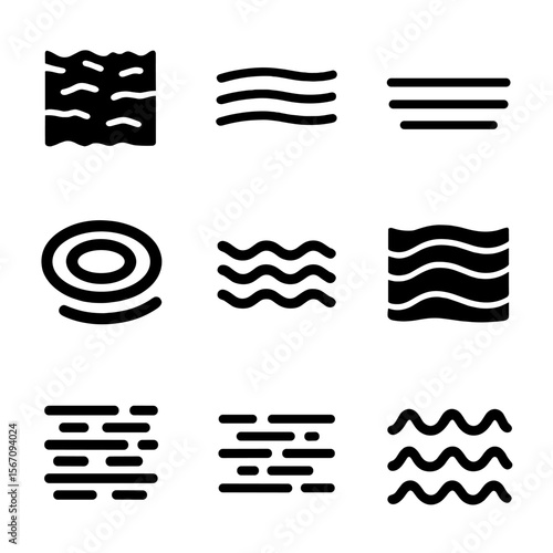 Ocean Pattern Icons. Solid, filled icon set of ocean surface patterns: choppy water, ripple lines, smooth sea, wave rings, small