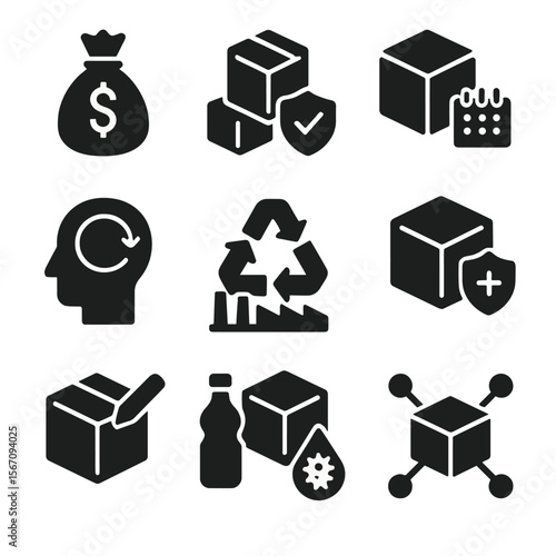 Sustainable Packaging Icons. Solid, filled icon set of challenges in sustainable packaging: cost, durability, availability,