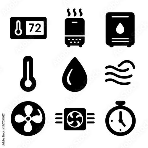 Indoor Control Icons. Solid, filled icons set of indoor environmental control: thermostat, air purifier,