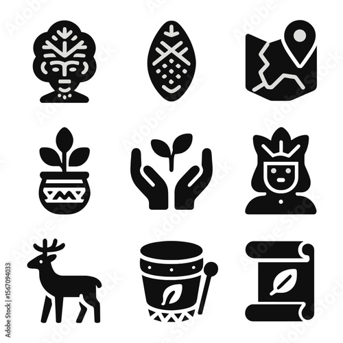 Indigenous Knowledge Icons. Solid, filled icons set of indigenous knowledge and biodiversity: tribal tree,