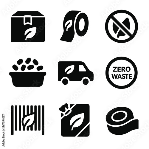 Sustainable Shipping Icons. Solid, filled icon set of sustainable shipping: eco delivery box, compostable tape, no plastic label,