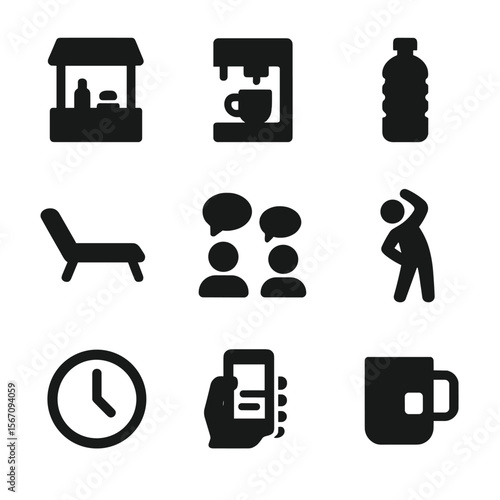 Office Break Icons. Solid, filled icon set of office break time: snack bar, coffee machine, water bottle, lounge chair, chat