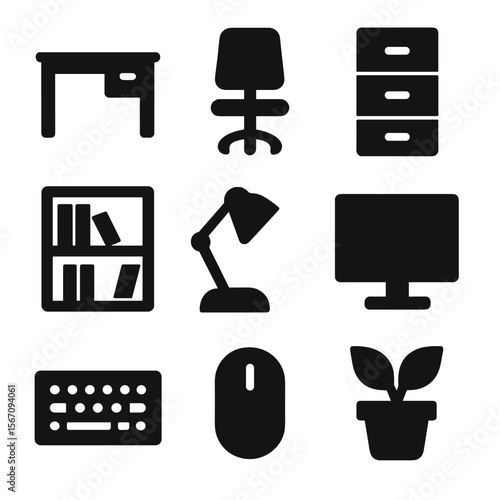 Office Furniture Icons. Solid, filled icon set of office furniture: desk, swivel chair, filing cabinet, bookshelf, desk lamp,