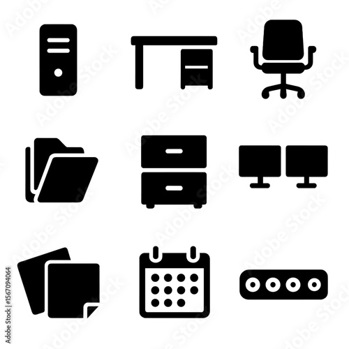 Office Icons Grid. Solid, filled icon set of office workstation: desktop PC, desk, swivel chair, document holder, filing cabinet,