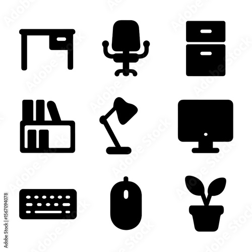 Office Furniture Icons. Solid, filled icon set of office furniture: desk, swivel chair, filing cabinet, bookshelf, desk lamp,