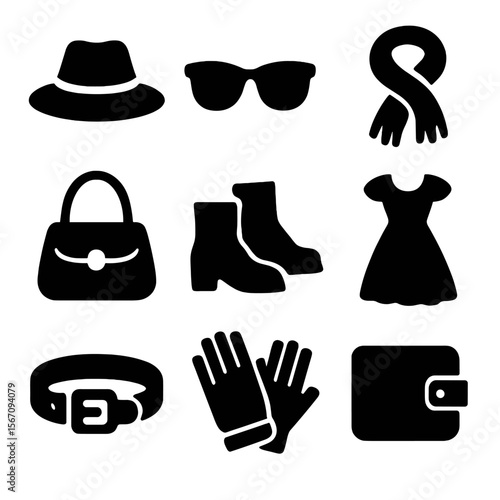 Secondhand Fashion Icons. Solid, filled icon set of secondhand clothing and accessories: hat, sunglasses, scarf, handbag, boots,