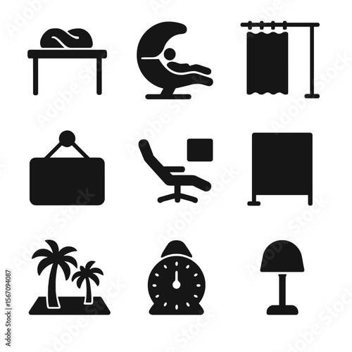 Office Nap Icons. Solid, filled icon set of office nap setups: desk pillow, nap pod, curtain divider, sign “on break”, power nap