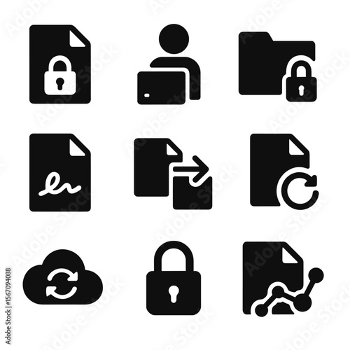 Secure File Icons. Solid, filled icon set of secure file management: encrypted file, access permission, secure folder, digital