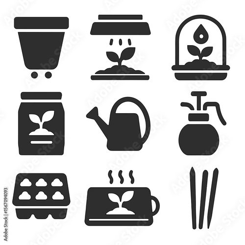 Indoor Planting Icons. Solid, filled icons set of indoor planting: pot with drainage, grow light, humidity