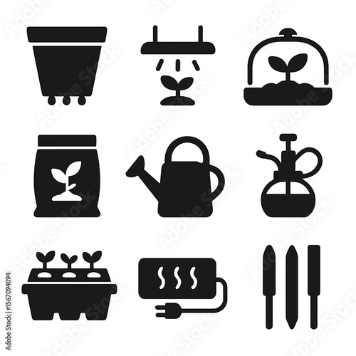 Indoor Planting Icons. Solid, filled icons set of indoor planting: pot with drainage, grow light, humidity