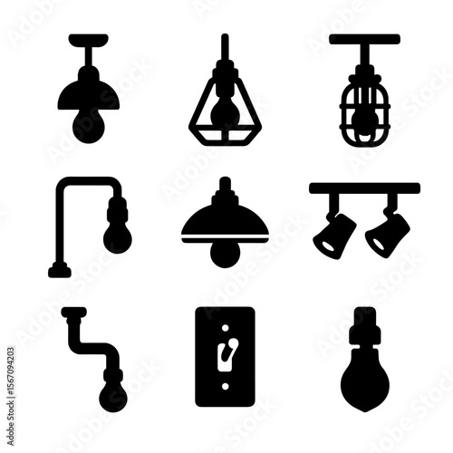 Industrial Ceiling Light Icons. Solid, filled icons set of industrial ceiling light designs: exposed bulb,