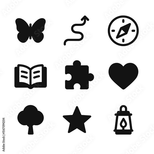 Self-Discovery Icon Set. Solid, filled icon set of Self-discovery and friendship growth: butterfly, path, compass, open book,
