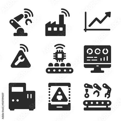 Industrial IoT Icons. Solid, filled icons set of industrial IoT (IIoT): robotic arm, factory sensor,