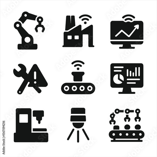 Industrial IoT Icons. Solid, filled icons set of industrial IoT (IIoT): robotic arm, factory sensor,