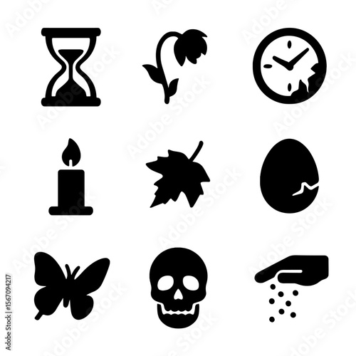Symbols of Impermanence. Solid, filled icon set of reflection on life’s fragility and passing: hourglass, wilting flower, broken