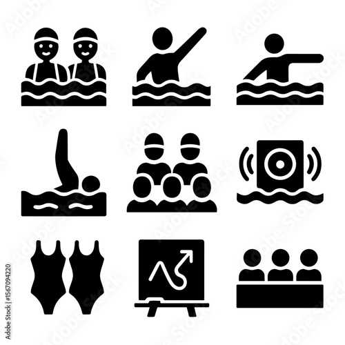 Synchronized Swimming Icons. Solid, filled icon set of synchronized swimming: duo swimmers, arm patterns, sculling, leg movement,