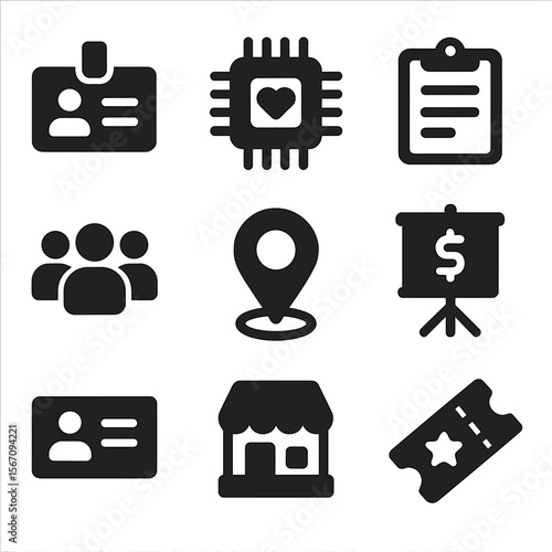 Industry Meetup Icons. Solid, filled icons set of industry-specific meetups: name tag, niche icon (tech/health