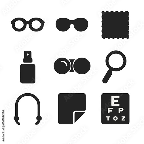 Optical Accessories Icons. Solid, filled icon set of optical accessories: eyeglasses, sunglasses, lens cloth, cleaning spray,