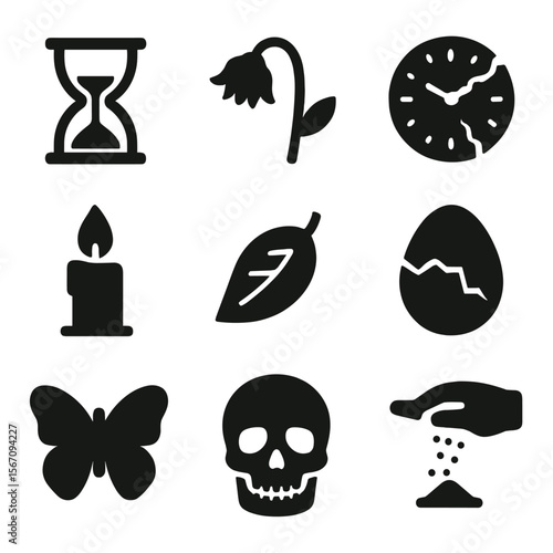 Symbols of Impermanence. Solid, filled icon set of reflection on life’s fragility and passing: hourglass, wilting flower, broken