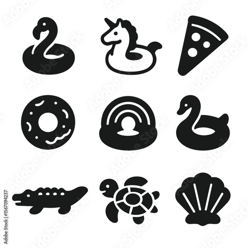 Inflatable Float Icons. Solid, filled icons set of inflatable float shapes: flamingo float, unicorn float,