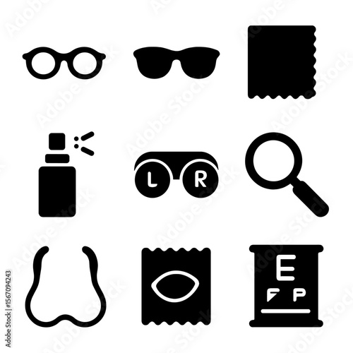 Optical Accessories Icons. Solid, filled icon set of optical accessories: eyeglasses, sunglasses, lens cloth, cleaning spray,