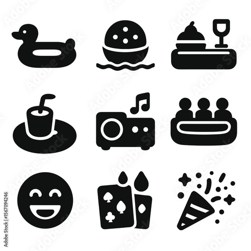 Inflatable Party Icons. Solid, filled icons set of inflatable party fun: party float, LED float light,