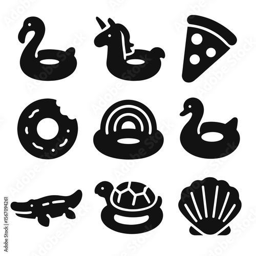 Inflatable Float Icons. Solid, filled icons set of inflatable float shapes: flamingo float, unicorn float,