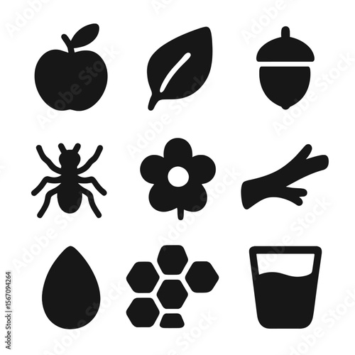 Orangutan Diet Icons. Solid, filled icon set of orangutan diet: fruit, leaves, nuts, insects, flowers, bark, seeds, honeycomb,