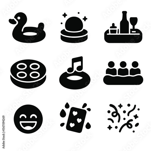 Inflatable Party Icons. Solid, filled icons set of inflatable party fun: party float, LED float light,