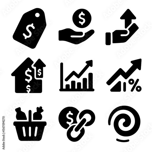Inflation Effects Icons. Solid, filled icons set of effects of inflation: price sticker, decreased purchasing