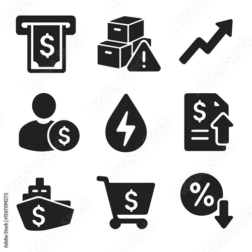 Inflation Causes Icons. Solid, filled icons set of causes of inflation: money printing, supply shortage,