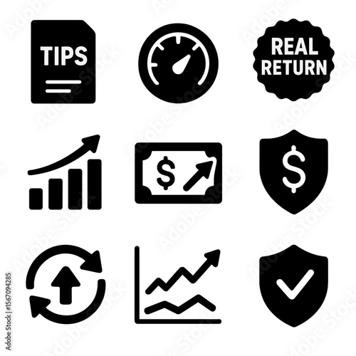 Inflation Protection Icons. Solid, filled icons set of inflation-protected securities: TIPS icon, inflation