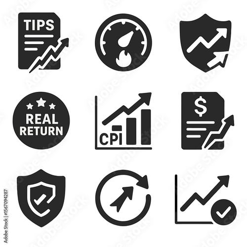 Inflation Protection Icons. Solid, filled icons set of inflation-protected securities: TIPS icon, inflation