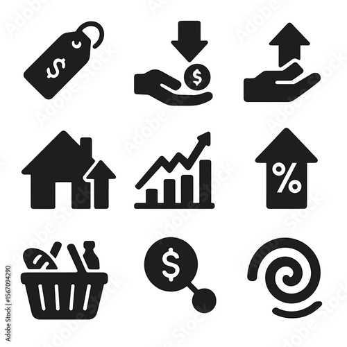 Inflation Effects Icons. Solid, filled icons set of effects of inflation: price sticker, decreased purchasing