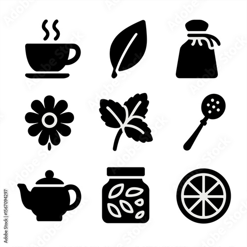 Organic Tea Icons. Solid, filled icon set of organic herbal tea blends: tea cup, tea leaf, herbal pouch, chamomile flower, mint