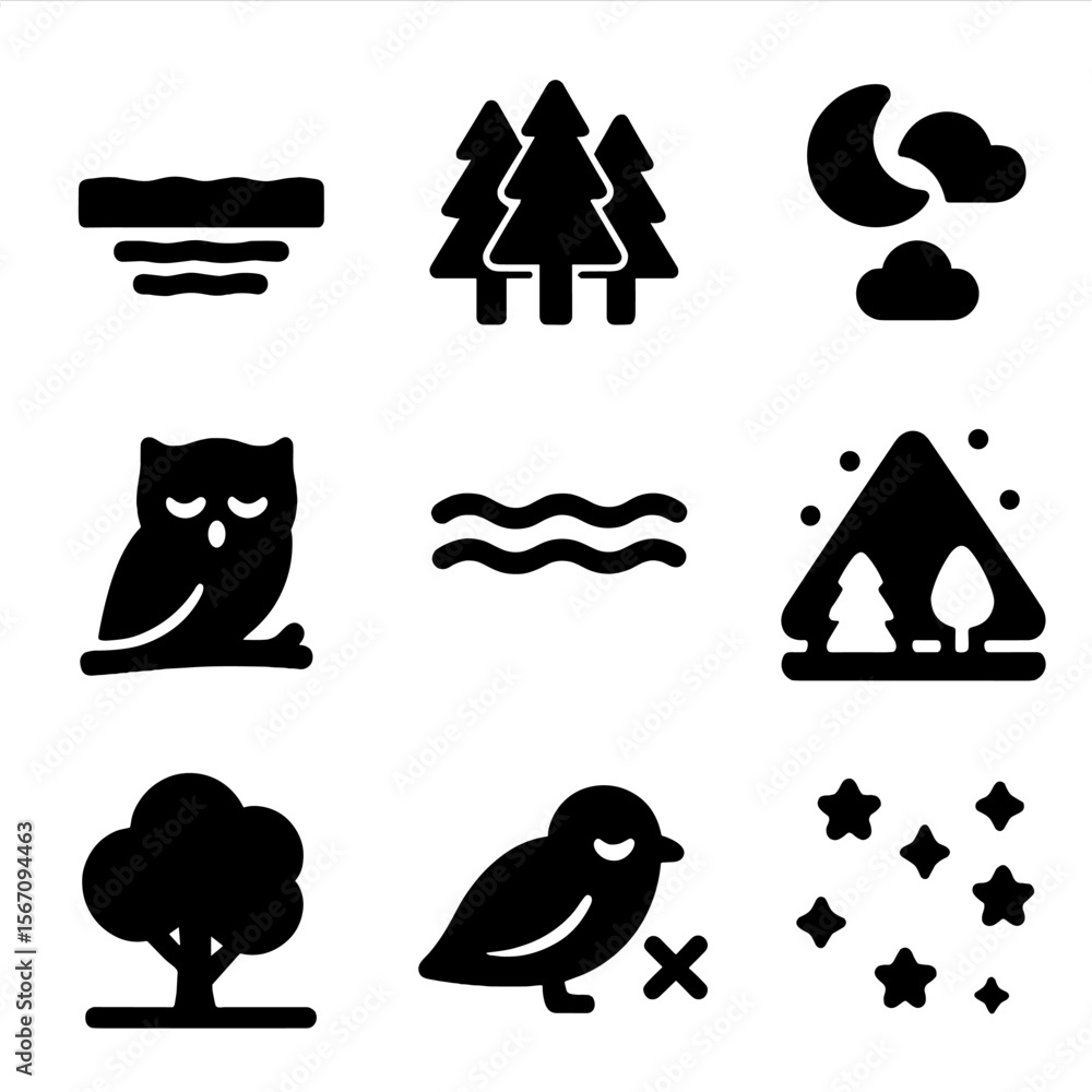 Fototapeta premium Silent Nature Icons. Solid, filled icon set of silence in nature: still lake, quiet forest, moonlit night, resting owl, calm waves