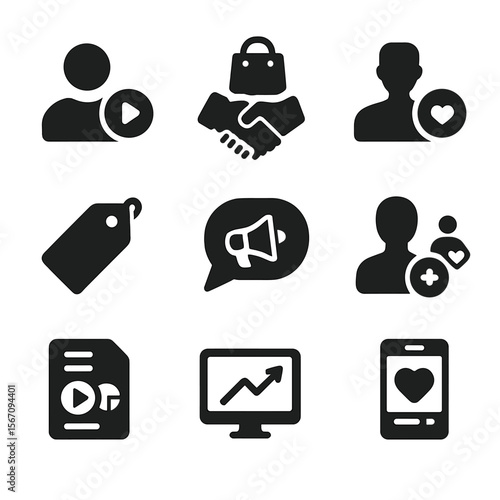 Influencer Partnership Icons. Solid, filled icons set of influencer partnerships on new platforms: creator