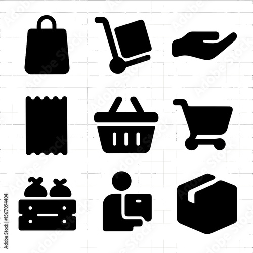 Shopping Icon Set. Solid, filled icon set of grocery and shopping help: shopping bag, handcart, heavy box, helping hand, receipt,