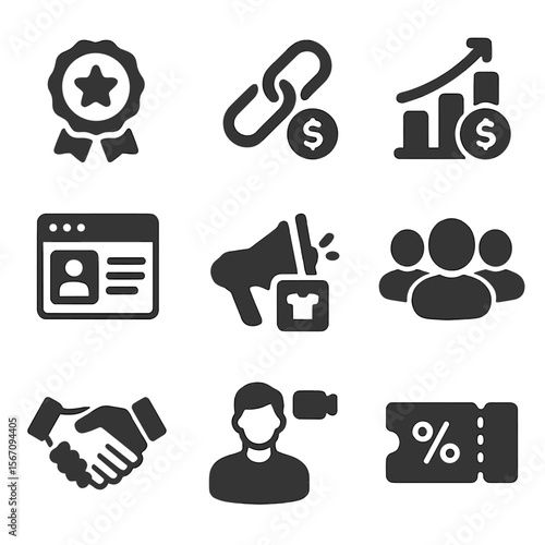 Influencer Marketing Icons. Solid, filled icons set of influencer and affiliate marketing: influencer badge,