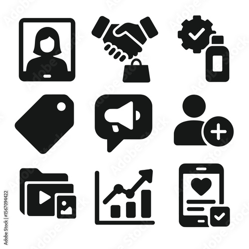 Influencer Partnership Icons. Solid, filled icons set of influencer partnerships on new platforms: creator